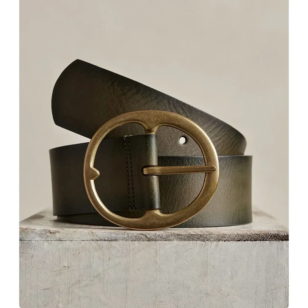 NWT Free People Brando Leather Hip Belt Bronze Buckle Women's Large Cork Green
